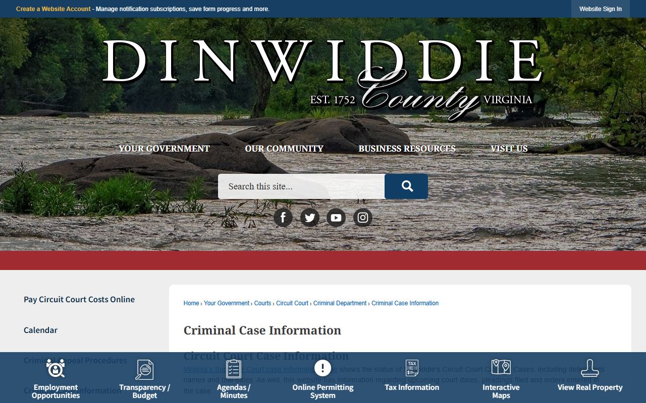Dinwiddie County court records after arrest criminal case information page
